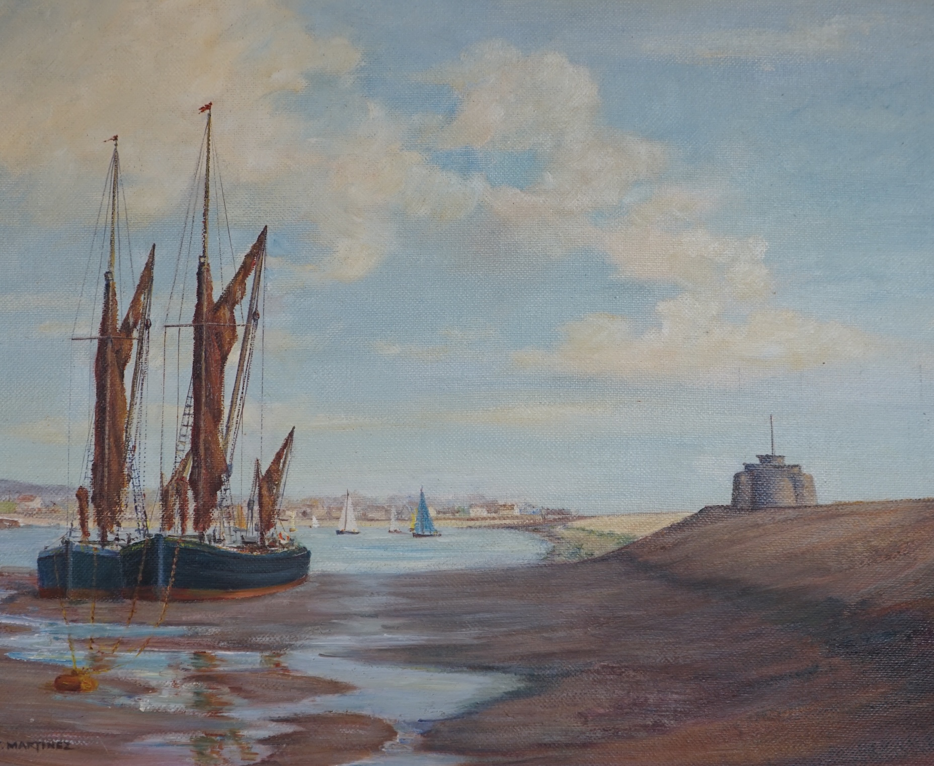 T. Martinez, oil on canvas board, Boats in estuary, signed, 39.5 x 49.5cm. Condition - good
